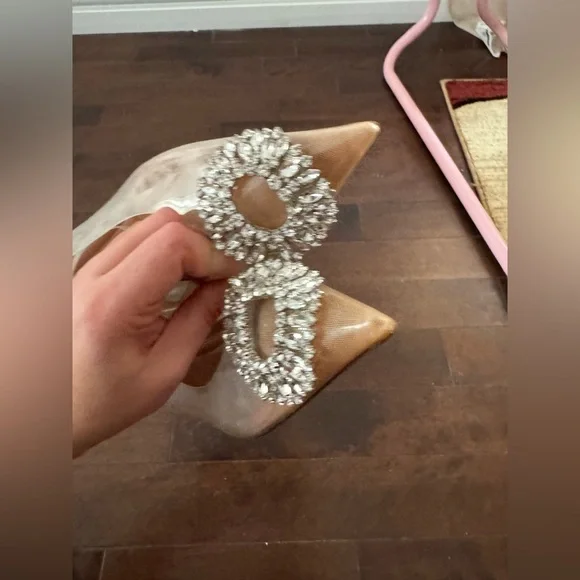 Zara Women's Tan Heeled Shoes clear with Crystal Embellishment sling back - Picture 6 of 6